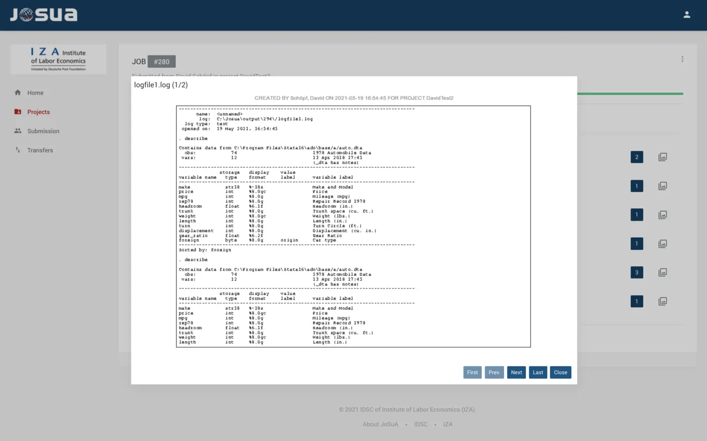 Josua interface showing a submitted research job
